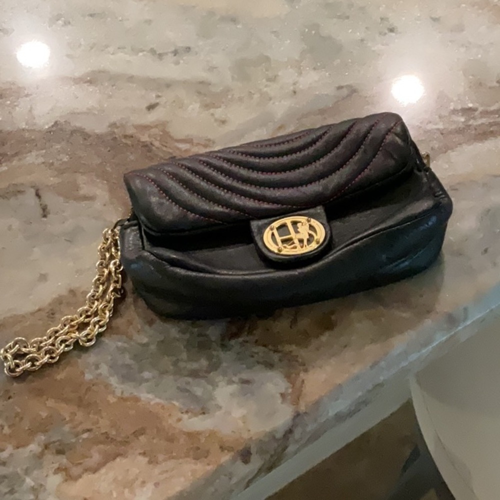 Henri Bendel black with pink stitching wristlet, gold hardware - Picture 1 of 8